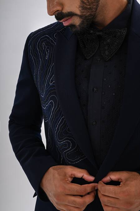 Kalpana Naik_Navy Crepe Embroidery, Beads Waves Hand Tuxedo Set _at_Aza_Fashions
