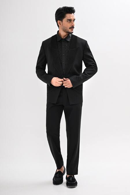 Kalpana Naik_Black Terrycloth Embroidery Pintucks Hand Tuxedo Set _Online_at_Aza_Fashions