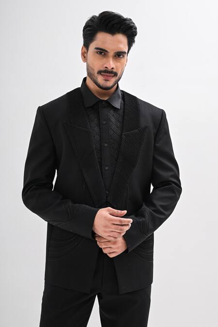 Buy_Kalpana Naik_Black Terrycloth Embroidery Pintucks Hand Tuxedo Set _Online_at_Aza_Fashions