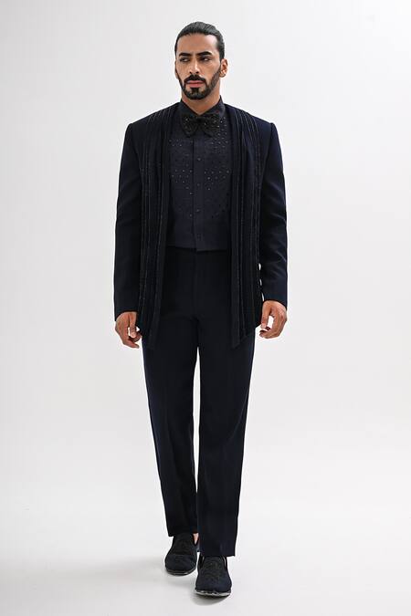 Kalpana Naik Navy Crepe Embroidery Onyx Draped Hand Tuxedo Set Online at Aza Fashions Kalpana Naik_Navy Crepe Embroidery Onyx Draped Hand Tuxedo Set _Online_at_Aza_Fashions