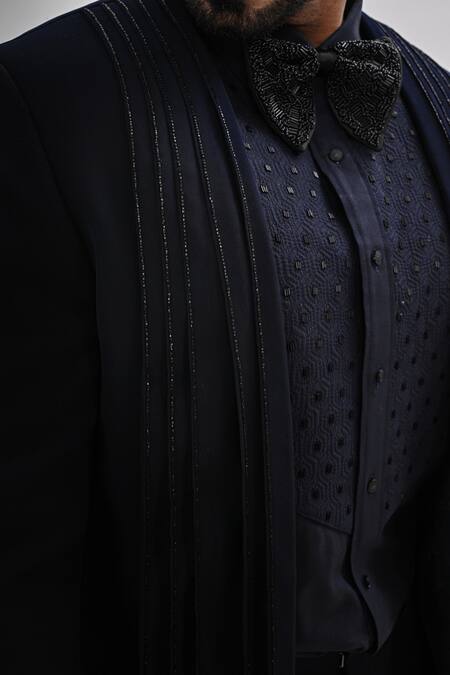 Shop Kalpana Naik Navy Crepe Embroidery Onyx Draped Hand Tuxedo Set Online at Aza Fashions Shop_Kalpana Naik_Navy Crepe Embroidery Onyx Draped Hand Tuxedo Set _Online_at_Aza_Fashions