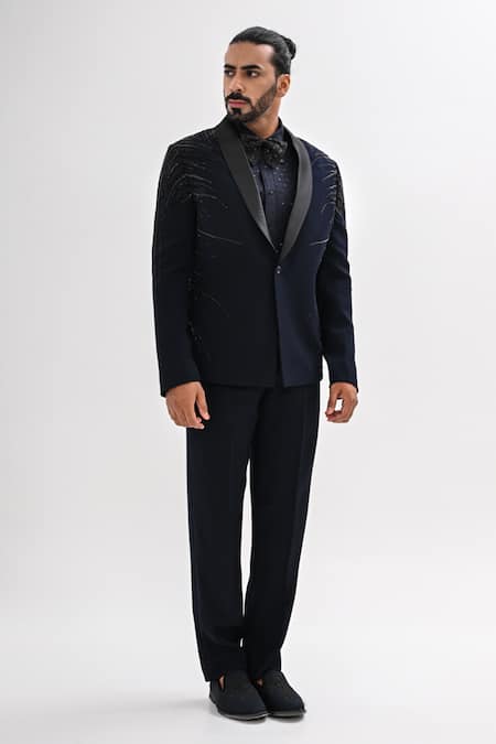 Kalpana Naik_Navy Crepe Embroidery Electria Hand Tuxedo Set _Online_at_Aza_Fashions