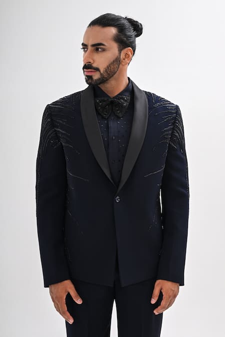 Buy_Kalpana Naik_Navy Crepe Embroidery Electria Hand Tuxedo Set _Online_at_Aza_Fashions