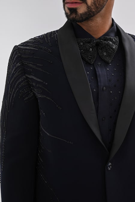 Shop_Kalpana Naik_Navy Crepe Embroidery Electria Hand Tuxedo Set _Online_at_Aza_Fashions