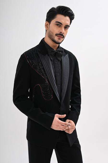 Shop_Kalpana Naik_Black Crepe Embroidery, Beads Cosmic Hand Tuxedo Set _Online_at_Aza_Fashions