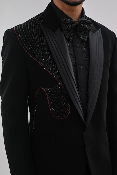 Kalpana Naik_Black Crepe Embroidery, Beads Cosmic Hand Tuxedo Set _at_Aza_Fashions