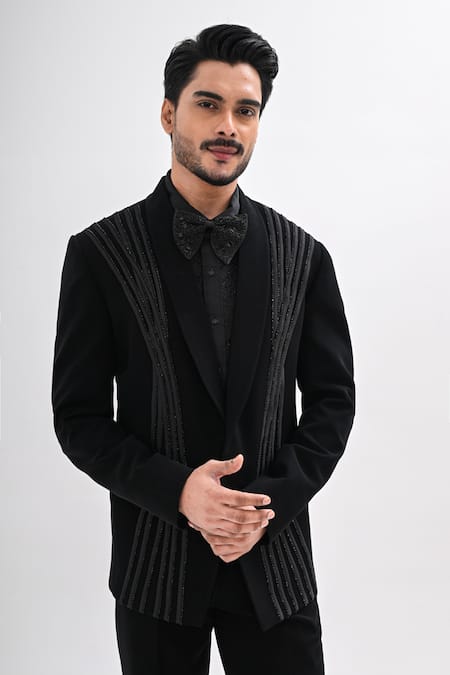 Buy_Kalpana Naik_Black Crepe Embroidery Velinor Hand Tuxedo Pant Set _Online_at_Aza_Fashions