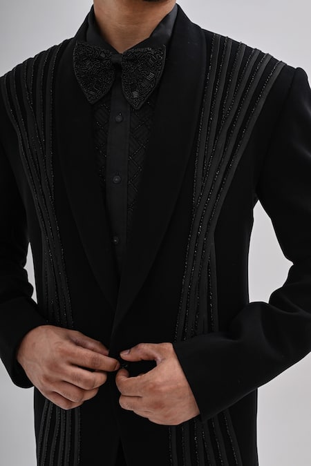 Shop_Kalpana Naik_Black Crepe Embroidery Velinor Hand Tuxedo Pant Set _Online_at_Aza_Fashions