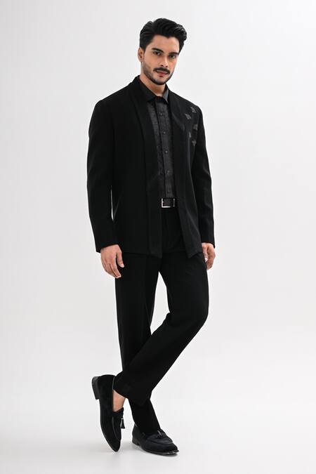 Buy_Kalpana Naik_Black Crepe Beads, Embroidery Open Bumblebee Hand Tuxedo Set _Online_at_Aza_Fashions