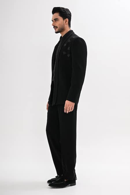 Shop_Kalpana Naik_Black Crepe Beads, Embroidery Open Bumblebee Hand Tuxedo Set _Online_at_Aza_Fashions