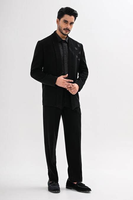 Kalpana Naik_Black Crepe Beads, Embroidery Open Bumblebee Hand Tuxedo Set _at_Aza_Fashions