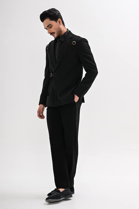 Buy_Kalpana Naik_Black Crepe Buckles Overlapping Tuxedo And Pant Set _Online_at_Aza_Fashions