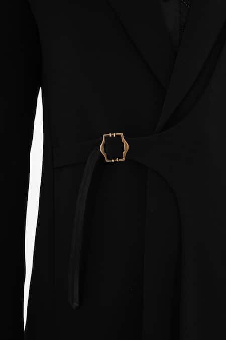 Shop_Kalpana Naik_Black Crepe Buckles Overlapping Tuxedo And Pant Set _Online_at_Aza_Fashions