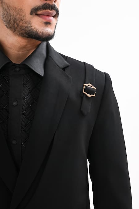 Kalpana Naik_Black Crepe Buckles Overlapping Tuxedo And Pant Set _at_Aza_Fashions