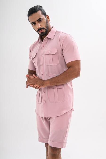 Kalpana Naik_Pink Crepe Blush Pocketed Shirt And Shorts Co-ord Set _Online_at_Aza_Fashions