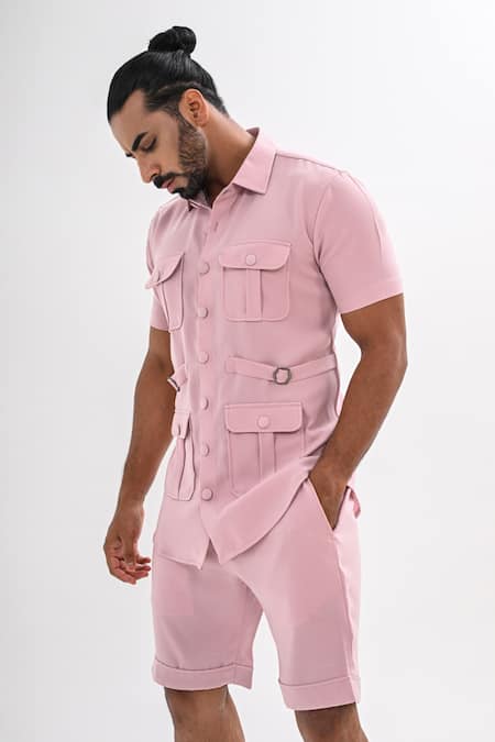 Kalpana Naik_Pink Crepe Blush Pocketed Shirt And Shorts Co-ord Set _at_Aza_Fashions