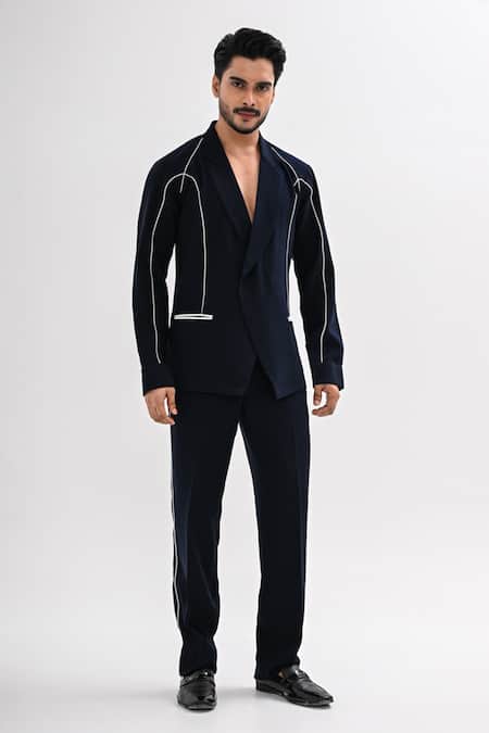 Kalpana Naik_Navy Crepe Blue Corded Jacket And Trouser Co-ord Set _Online_at_Aza_Fashions