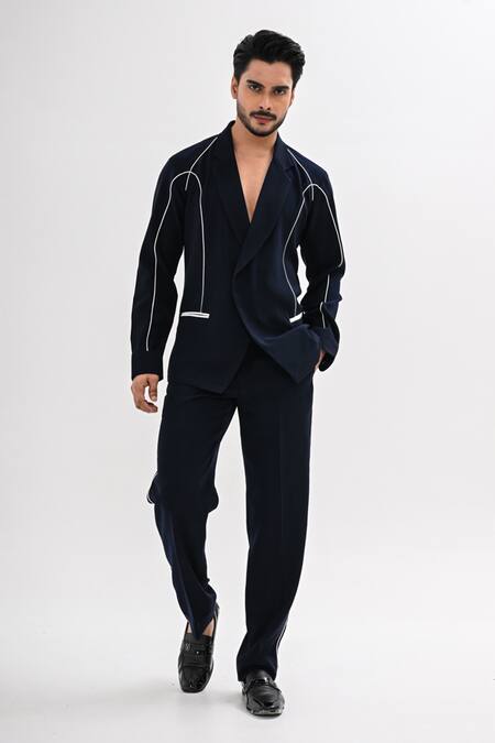 Buy_Kalpana Naik_Navy Crepe Blue Corded Jacket And Trouser Co-ord Set _Online_at_Aza_Fashions