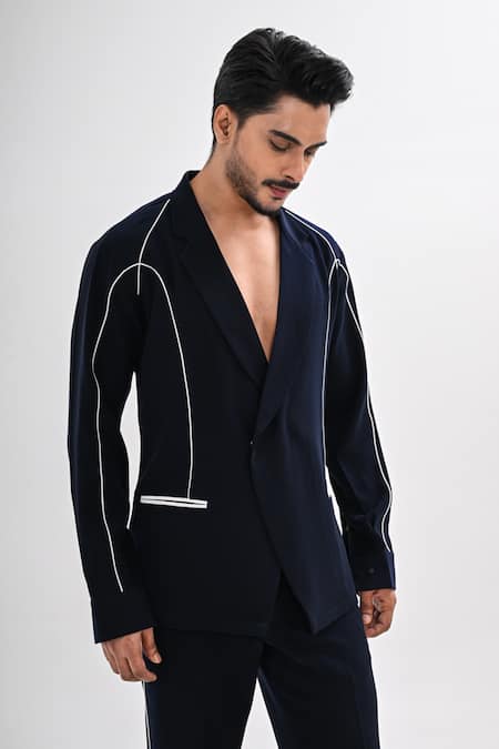 Shop_Kalpana Naik_Navy Crepe Blue Corded Jacket And Trouser Co-ord Set _Online_at_Aza_Fashions