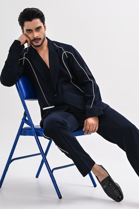 Kalpana Naik_Navy Crepe Blue Corded Jacket And Trouser Co-ord Set _at_Aza_Fashions