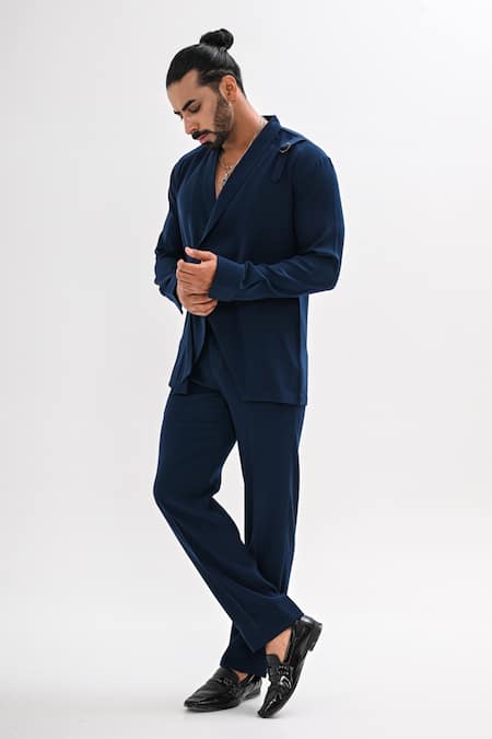 Kalpana Naik_Teal Crepe Flap Jacket And Trouser Co-ord Set _Online_at_Aza_Fashions