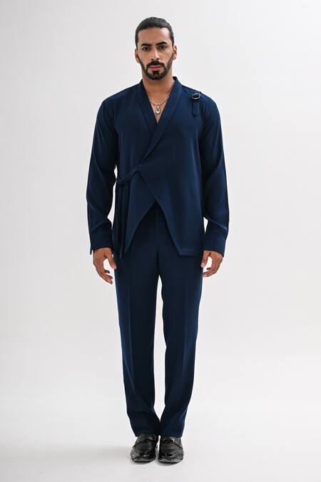 Buy_Kalpana Naik_Teal Crepe Flap Jacket And Trouser Co-ord Set _Online_at_Aza_Fashions