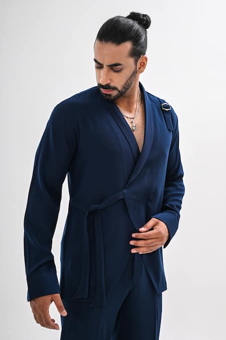 Kalpana Naik_Teal Crepe Flap Jacket And Trouser Co-ord Set _at_Aza_Fashions