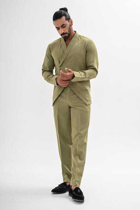 Kalpana Naik_Olive Green Crepe Flap Shirt And Pant Co-ord Set _Online_at_Aza_Fashions
