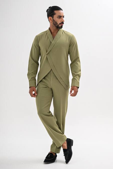 Shop_Kalpana Naik_Olive Green Crepe Flap Shirt And Pant Co-ord Set _Online_at_Aza_Fashions