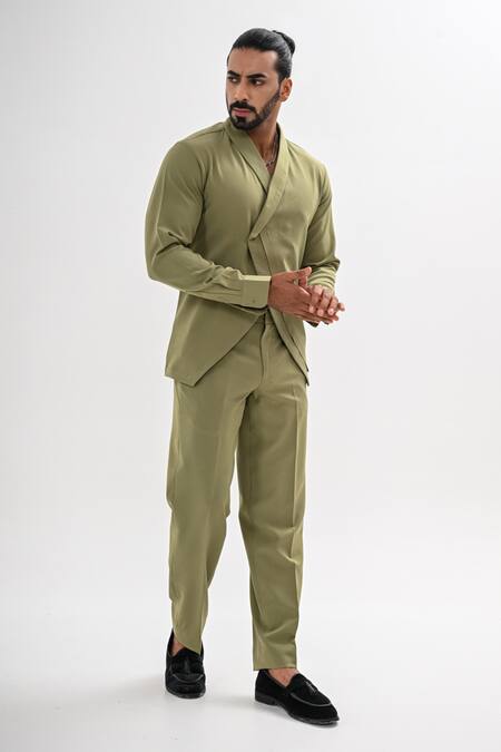 Kalpana Naik_Olive Green Crepe Flap Shirt And Pant Co-ord Set _at_Aza_Fashions