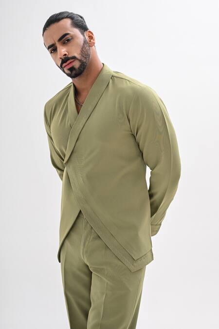 Buy_Kalpana Naik_Olive Green Crepe Flap Shirt And Pant Co-ord Set 
