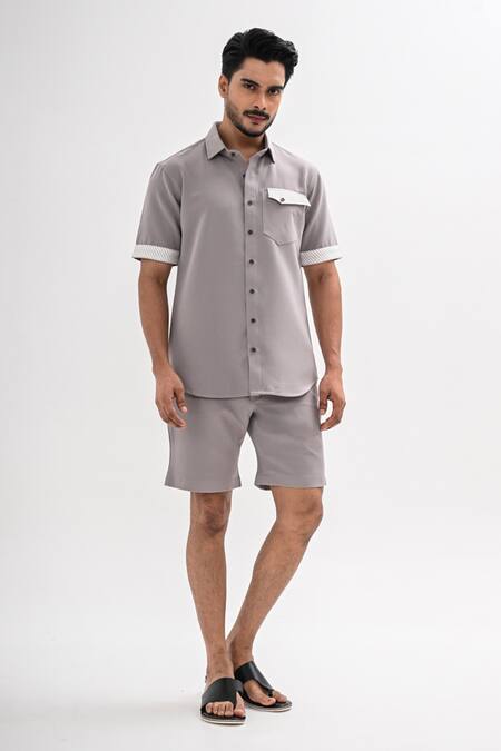 Kalpana Naik_Gray Crepe Grey Linear Shirt And Shorts Co-ord Set _Online_at_Aza_Fashions