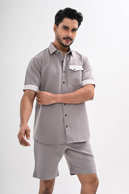 Buy_Kalpana Naik_Gray Crepe Grey Linear Shirt And Shorts Co-ord Set _Online_at_Aza_Fashions
