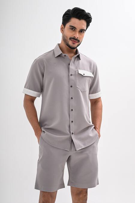 Shop_Kalpana Naik_Gray Crepe Grey Linear Shirt And Shorts Co-ord Set _Online_at_Aza_Fashions