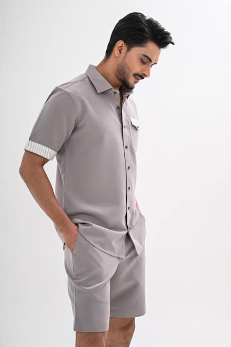 Kalpana Naik_Gray Crepe Grey Linear Shirt And Shorts Co-ord Set _at_Aza_Fashions
