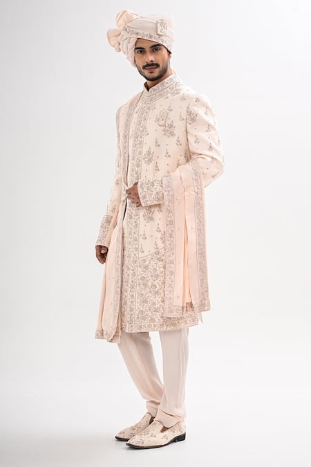 Buy_Kalpana Naik_Cream Satin, Silk, Bemberg, Shantoon Embroidery Fawn Rajwada Hand Sherwani Set _Online_at_Aza_Fashions