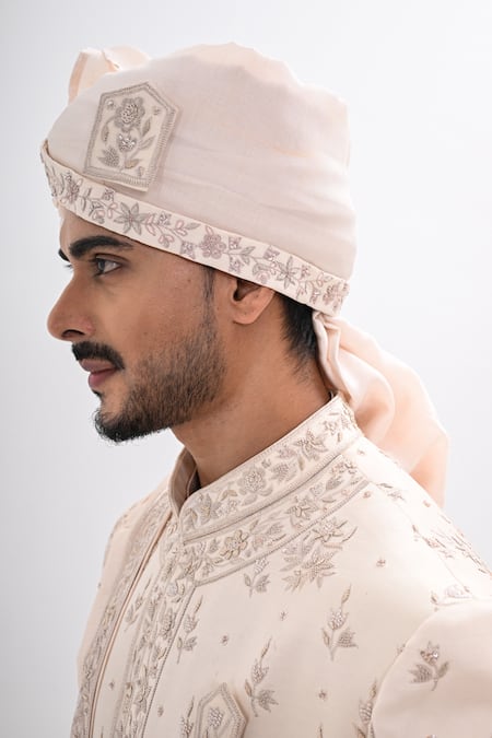 Kalpana Naik_Cream Satin, Silk, Bemberg, Shantoon Embroidery Fawn Rajwada Hand Sherwani Set _at_Aza_Fashions