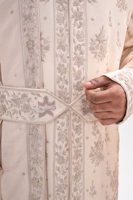 Shop_Kalpana Naik_Cream Satin, Silk, Bemberg, Shantoon Embroidery Fawn Rajwada Hand Sherwani Set 