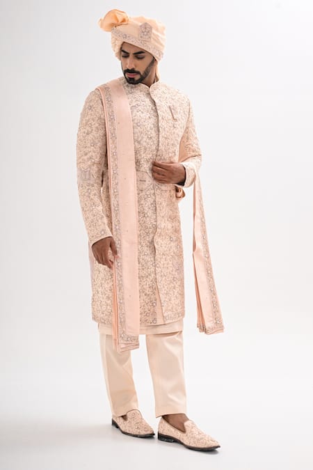 Kalpana Naik Dori Hand Embroidered Peach Sherwani Set 