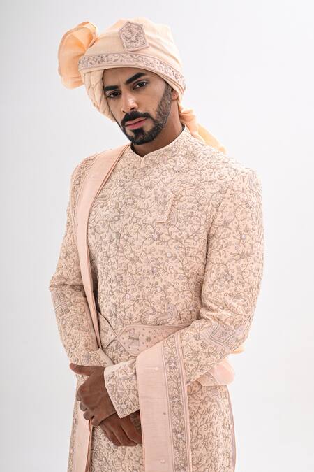 Kalpana Naik_Peach Bemberg, Silk Embroidery, Sequins Dori Hand Sherwani Set _Online_at_Aza_Fashions