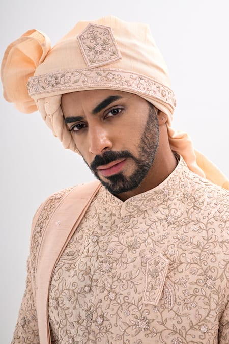 Buy_Kalpana Naik_Peach Bemberg, Silk Embroidery, Sequins Dori Hand Sherwani Set _Online_at_Aza_Fashions
