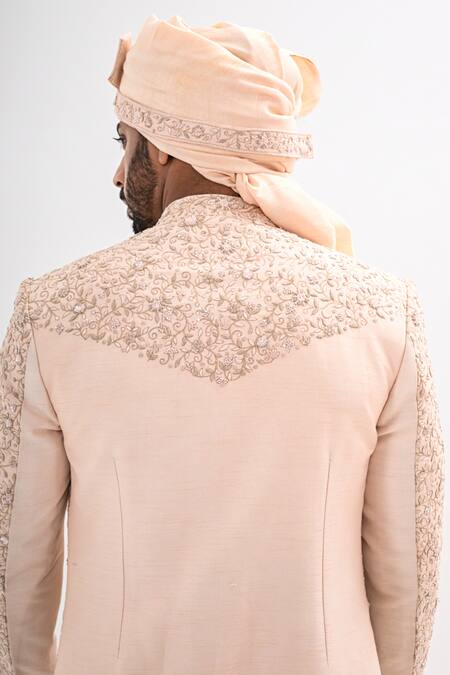 Shop_Kalpana Naik_Peach Bemberg, Silk Embroidery, Sequins Dori Hand Sherwani Set _Online_at_Aza_Fashions