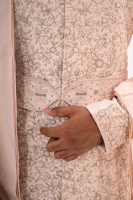 Kalpana Naik_Peach Bemberg, Silk Embroidery, Sequins Dori Hand Sherwani Set _at_Aza_Fashions