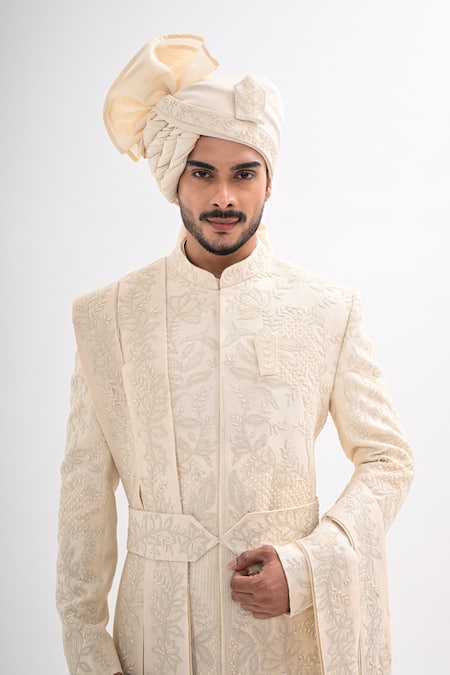 Buy_Kalpana Naik_Ivory Bemberg, Silk Embroidery Sherwani Set _Online_at_Aza_Fashions