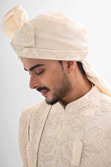 Shop_Kalpana Naik_Ivory Bemberg, Silk Embroidery Sherwani Set _Online_at_Aza_Fashions