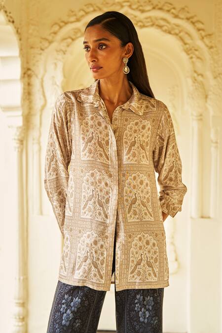 Dash And Dot_Beige Brocade, Polyester Collared Mughal Print Pant Set _at_Aza_Fashions