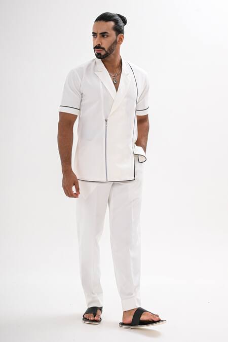 Kalpana Naik_White Crepe Corded Zipper Shirt And Pant Co-ord Set _Online_at_Aza_Fashions