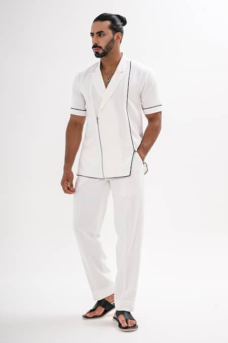 Buy_Kalpana Naik_White Crepe Corded Zipper Shirt And Pant Co-ord Set _Online_at_Aza_Fashions