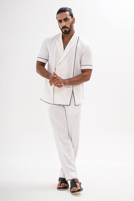 Kalpana Naik_White Crepe Corded Zipper Shirt And Pant Co-ord Set _at_Aza_Fashions