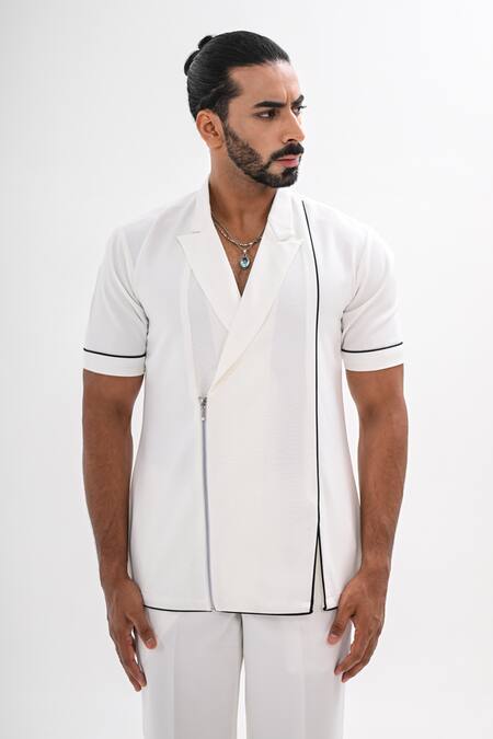Buy_Kalpana Naik_White Crepe Corded Zipper Shirt And Pant Co-ord Set 